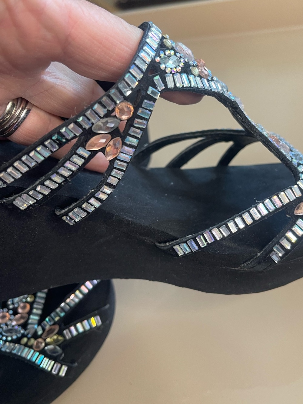 Yellow Box Black Jeweled Wedge Sandals 10M - Picture 12 of 16